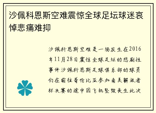 沙佩科恩斯空难震惊全球足坛球迷哀悼悲痛难抑 沙佩科恩斯空难震惊全球足坛球迷哀悼悲痛难抑