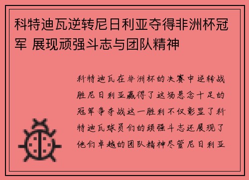 科特迪瓦逆转尼日利亚夺得非洲杯冠军 展现顽强斗志与团队精神
